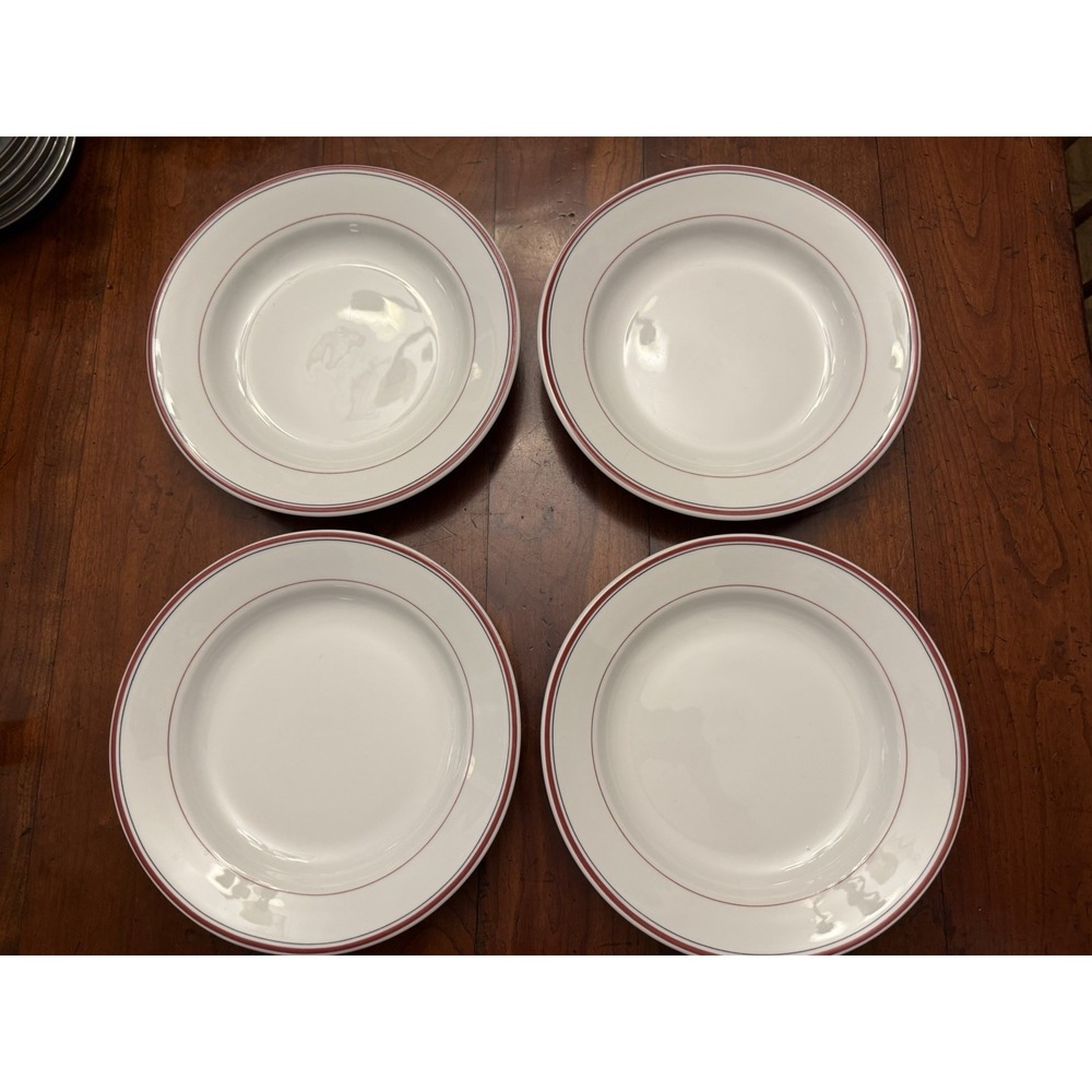 Set of 4 Vintage Pillivuyt France K841 Bistro Soup Bowls Porcelain Red Stripe 9"